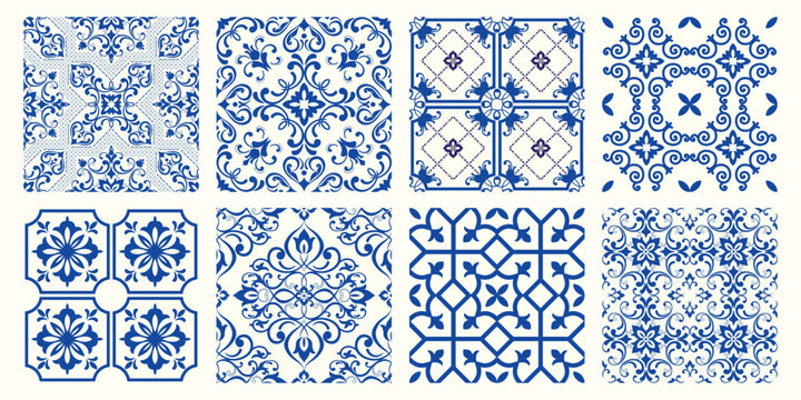 Collection of 10 flower Azulejo tiles. Seamless colorful patterns in azulejo style. Floor tile oriental collection seamless textures. Portugal spanish ceramics. Vector