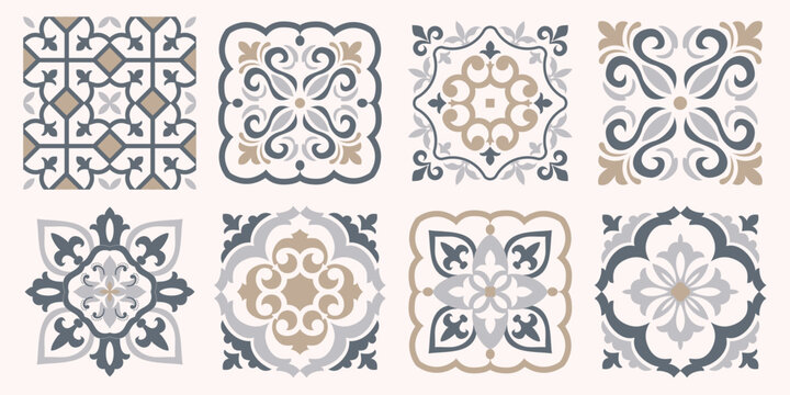 Collection of 8 flower Azulejo tiles. Seamless colorful patterns in azulejo style. Floor tile oriental collection seamless textures. Portugal spanish ceramics. Vector