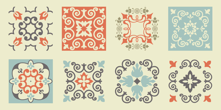 Collection of 10 flower Azulejo tiles. Seamless colorful patterns in azulejo style. Floor tile oriental collection seamless textures. Portugal spanish ceramics. Vector