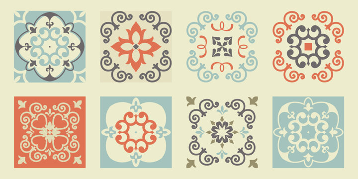 Collection of 8 flower Azulejo tiles. Seamless colorful patterns in azulejo style. Floor tile oriental collection seamless textures. Portugal spanish ceramics. Vector