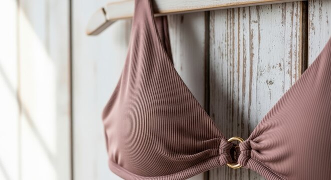 Brown bikini top on hanger.