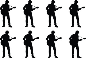 Naklejka premium Silhouette of eight men playing guitar, representing music, performance, and rock and roll lifestyle.