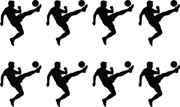 Silhouette of eight soccer players kicking a ball, action shot of football game, dynamic sports illustration.
