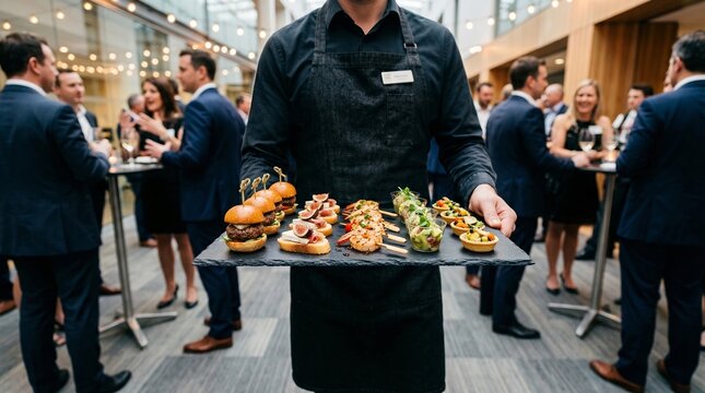 Server holding slate tray, carrying diverse appetizers to guests, catering service, corporate function hall, lifestyle photography