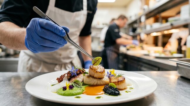 Chef in blue gloves, plating gourmet seafood with tweezers, fine dining assembly, upscale restaurant, food photography
