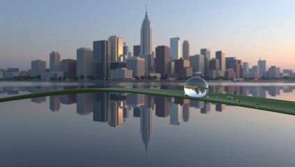 Obraz premium Breathtaking cityscape reflection of New York City skyline on a calm water surface with a crystal glass ball resting on a grassy edge at sunrise