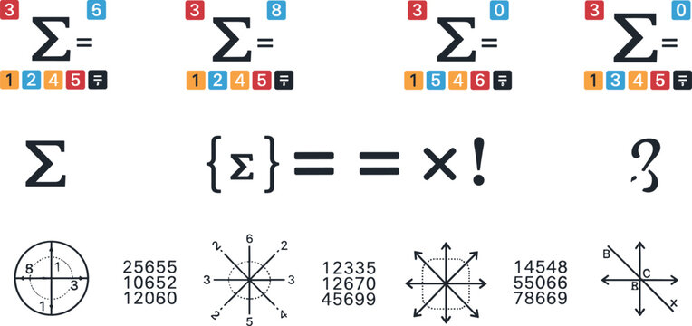 Mathematical symbols and summation notation vector set featuring sigma factorial equations diagrams and numeric examples in clean educational illustration design
