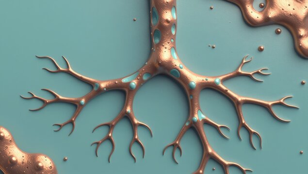 Abstract 3D illustration of human bronchial tree structure in metallic copper finish with teal accents against a solid blue background for medical education