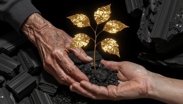 Elderly hands and young hands holding small gold tree sapling growing from pile of charcoal symbolizing intergenerational environmental responsibility