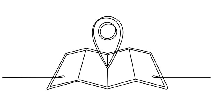 Minimalist one line art of a paper map and a navigation pin for travel and direction concept Vector, illustration