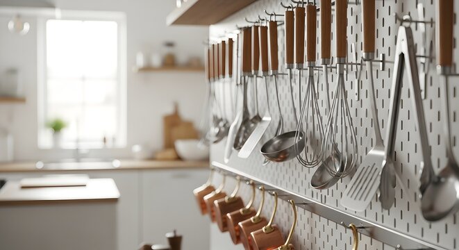 Bright kitchen view showcasing organization pegboard of utensils, light-filled environment, captured from a domestic perspective