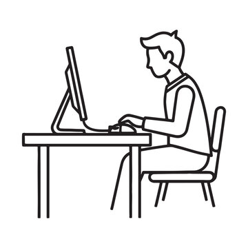 Young professional man working on vintage computer at wooden desk in office