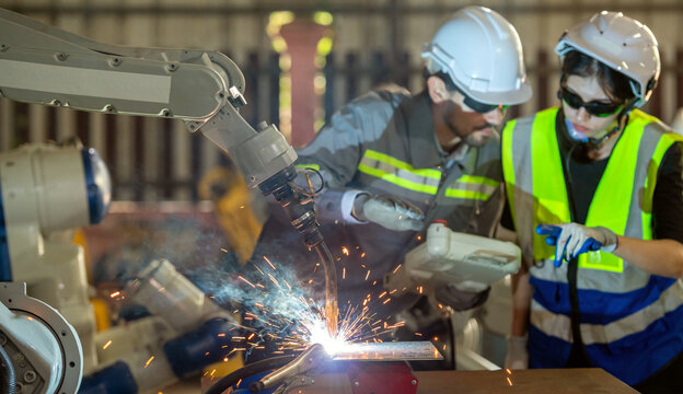 Engineer control robot arm machine welding steel, worker using forcing welding control screen which for precision welding control. Worker control automation welding robot in hi tech heavy factory