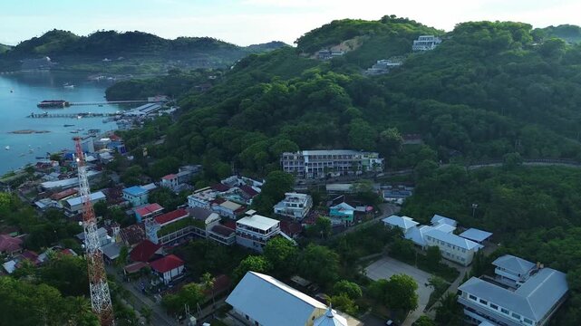 4K Drone Aerial View of Labuan Bajo Harbor and Marina in Early Morning, Flores Indonesia
