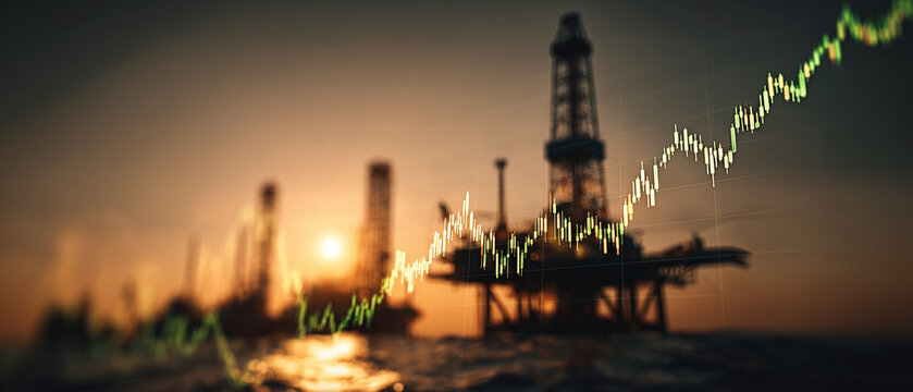 Oil extraction growth trends amidst sunset at offshore drilling rigs marine environment data visualization
