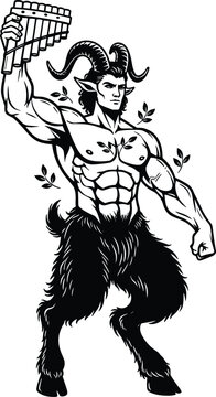 Faun satyr mythological illustration, fantasy creature artwork design, cultural vector motif, bold graphic icon, black white mythology symbol