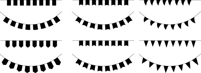 Black silhouette of hanging bunting flags and festive garlands, party decoration element © Satou Akira