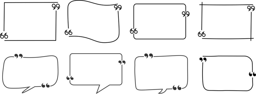 Black quote box and chat bubble outlines, minimalist quotation mark frame set