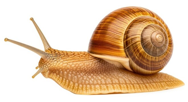 Closeup of a garden snail with a brown spiral shell isolated on white background