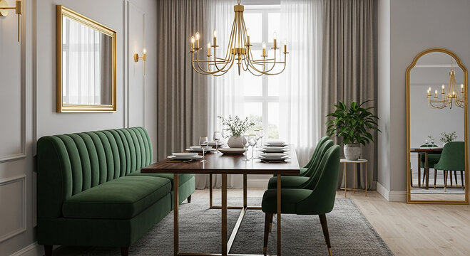 Dining Room with Green Velvet Furniture and Gold Accents green velvet sofa green velvet chairs