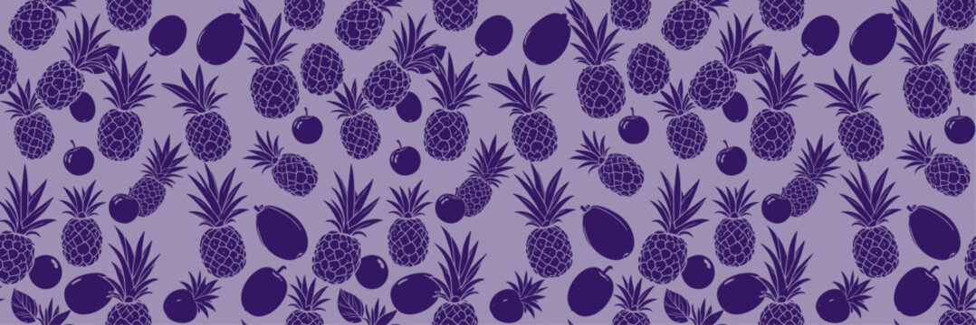 purple tropical pineapple mango seamless pattern with dark purple fruit illustration bold summer textile surface design exotic repeating motif