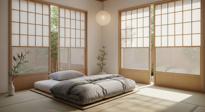 Minimalist Japanese bedroom with large windows and a futon bed gray bedding