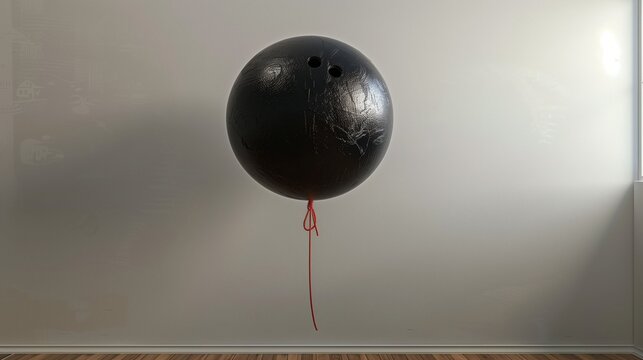 Black Bowling Ball Floating Like a Balloon - Creative Surrealism and Impossible Concept