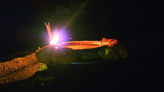 Close-up of burning diya oil lamp glowing in darkness with soft flame. Traditional Indian Diwali lighting symbolizing hope, spirituality, and peace, ideal for festival, religion themes.