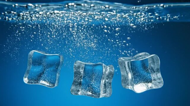 Three ice cubes falling into the water, producing bubbles, underwater, cold refreshing concept