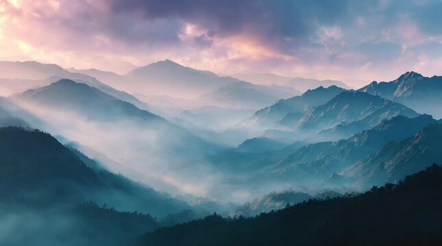 Majestic mountains under a colorful sunset sky.