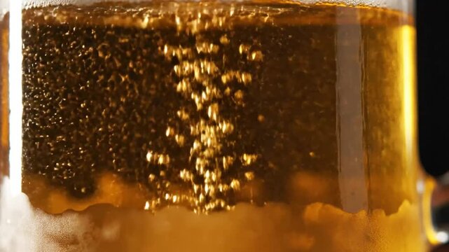 Close-up view of a beer mug filled with golden beer, showing bubbles rising to the surface, creating a refreshing drink