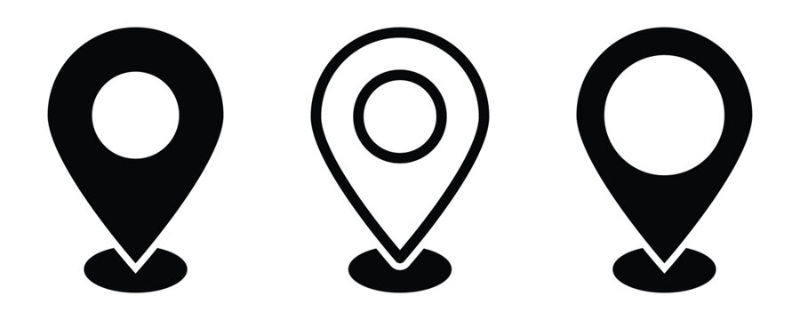Set of black location pin icons in various minimalist graphic styles. Including outline, solid, and representing navigation, mapping, and destination concepts. illustration on white background . Eps10