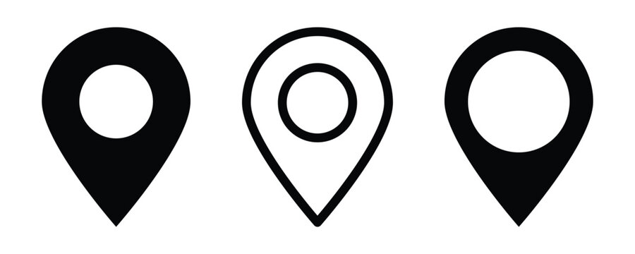 Set of black location pin icons in various minimalist graphic styles. Including outline, solid, and representing navigation, mapping, and destination concepts. illustration on white background . Eps10