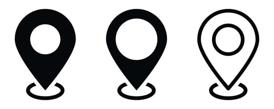 Set of black location pin icons in various minimalist graphic styles. Including outline, solid, and representing navigation, mapping, and destination concepts. illustration on white background . Eps10