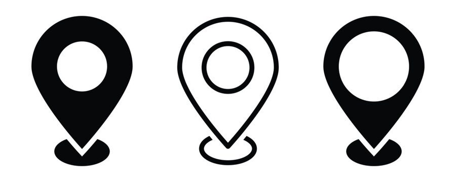 Set of black location pin icons in various minimalist graphic styles. Including outline, solid, and representing navigation, mapping, and destination concepts. illustration on white background . Eps10