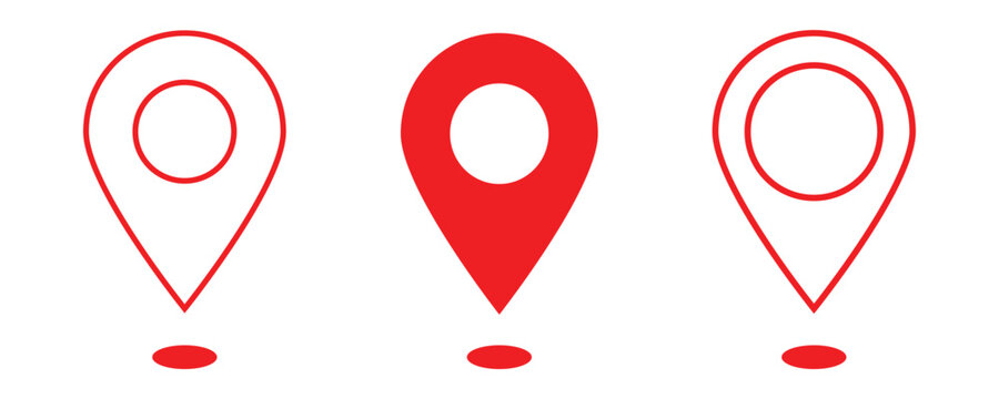 Location icon set map pointer pin sign symbol red solid and outline destination icon place address navigation locator sign. This icons set isolated on white background. Eps10