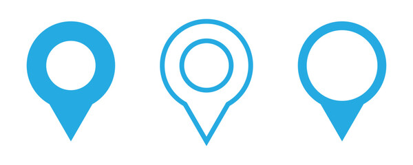Location map pins icons set. Blue markers on white background. This symbol use for travel, business, maps, GPS, navigation apps, location markers, address indications, geolocation, and UI interfaces. 