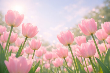 Fototapeta premium A serene field of pink tulips basking in warm sunlight and blue sky
