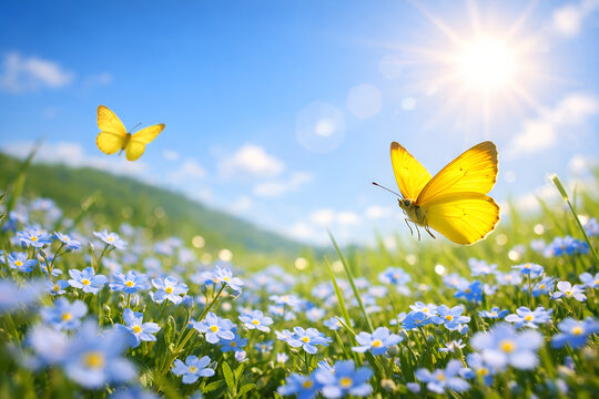 Two yellow butterflies flying over a field of small blue flowers
