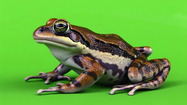 Brown and black frog on green background, close-up