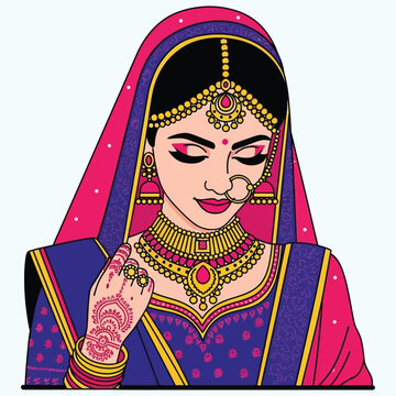 Beautiful Indian bride wearing traditional jewelry and bridal attire, looking down modestly