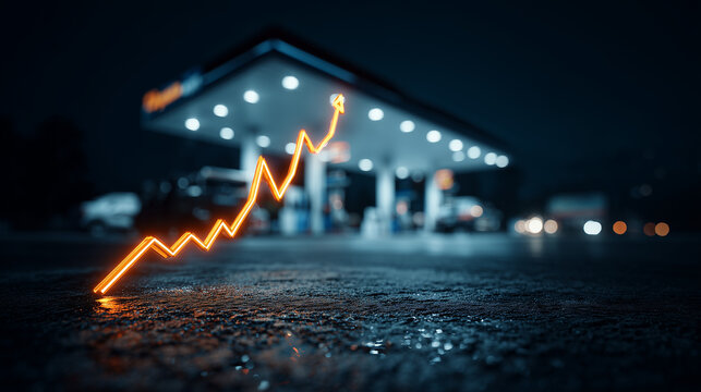Gas station fuel price surge urban night scene digital graph economic environment low angle view market trends