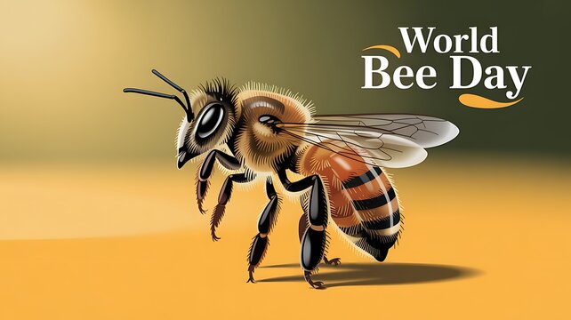 Bee on yellow surface with world bee day text with save the bees