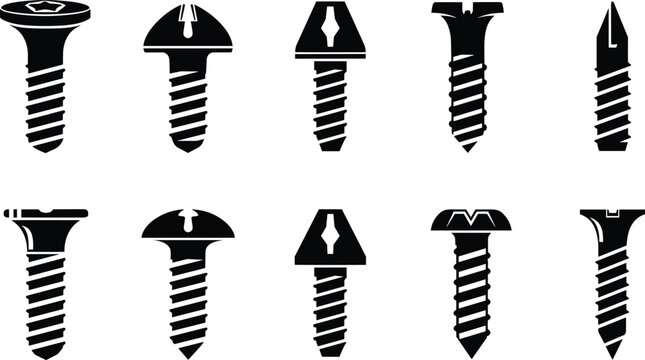 Black and white vector silhouette set of various industrial screws and bolts featuring different head types like Phillips, flat, and hex for hardware designs.