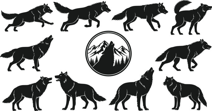 Black and white vector silhouette set of wild wolves featuring howling, running, and standing poses with a mountain wilderness emblem for outdoors and nature design.