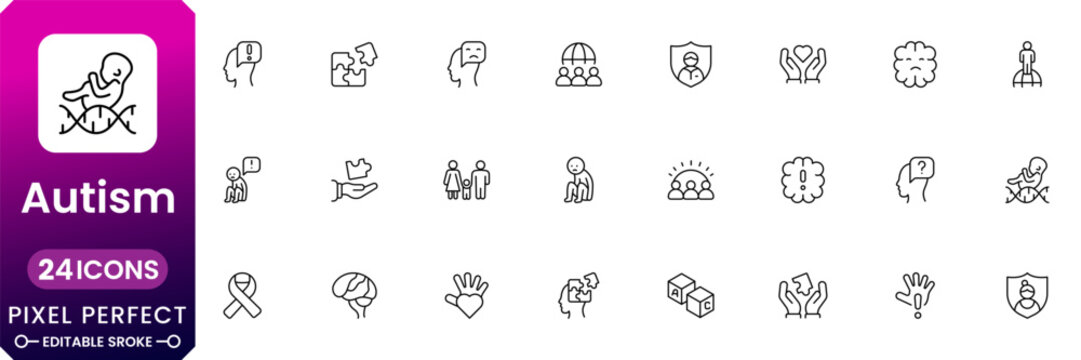 Autism awareness day icon set with puzzle symbol, support, inclusion and neurodiversity elements modern outline vector collection