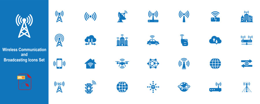 Wireless Communication and Broadcasting Icons Set in Minimalist Vector Style.