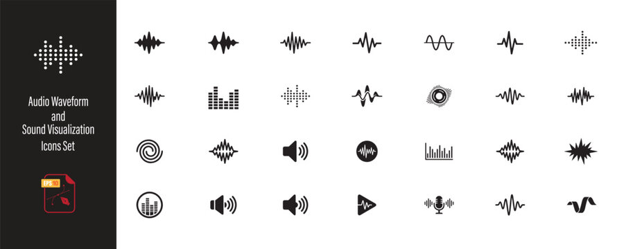 Audio Waveform and Sound Visualization Icons Set in Minimalist Vector Style.