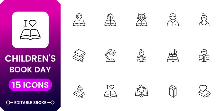 Children reading and book day icon pack featuring storytelling, education, library and kids learning symbols clean vector design