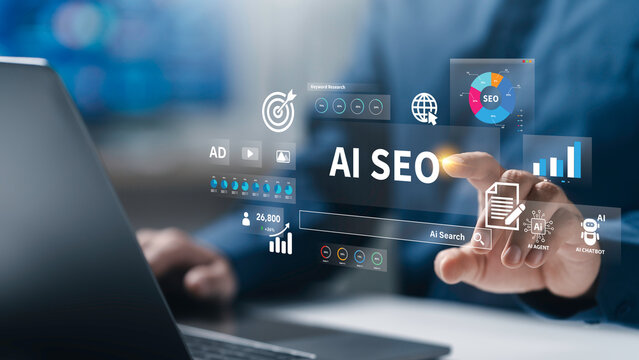 Businessman analyzes data using AI technology to work with tools, AI seo, search, Chat bot, smart robot technology and artificial intelligence concept. AI agent and workflow automation